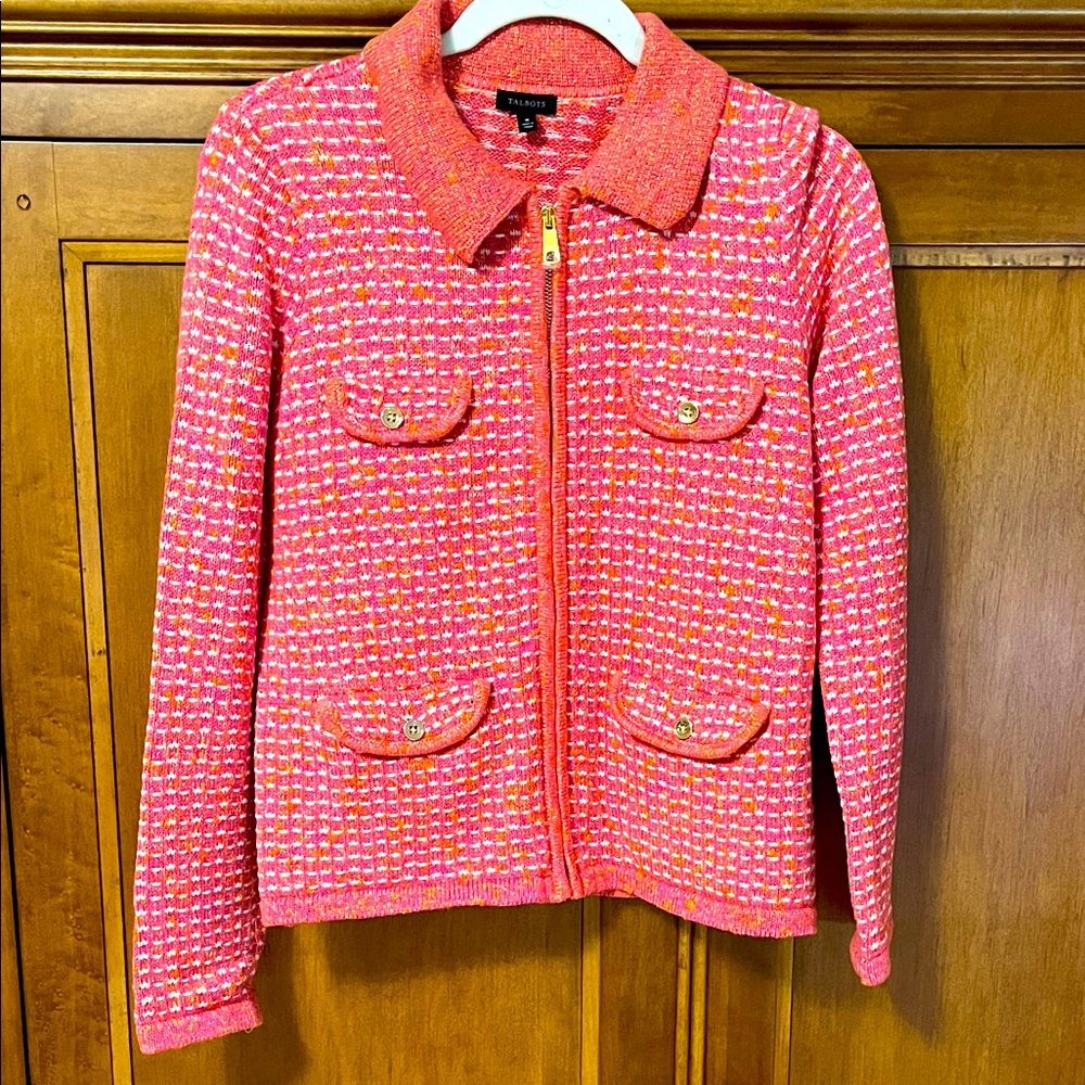Talbots Vibrant Pink, orange & white cardigan. NWT
